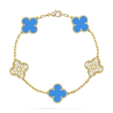 [Eternal Jewelry]CLOVER 5 MOTIF BLUE CHALCEDONY DIAMOND GOLD BRACELET