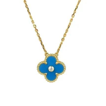 [Eternal Jewelry]CLOVER 15MM DIAMOND AND BLUE AGATE NECKLACE