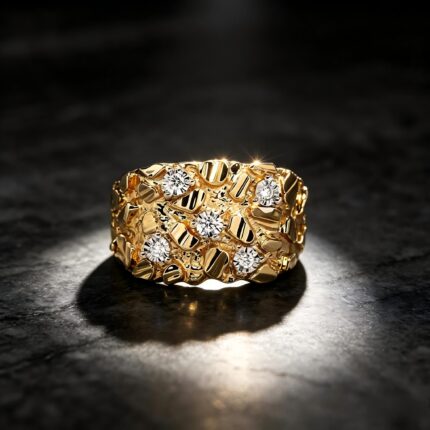 Vintage Hammered Gold CZ Stone Wide Band Ring | TikTok Viral Textured Statement Ring