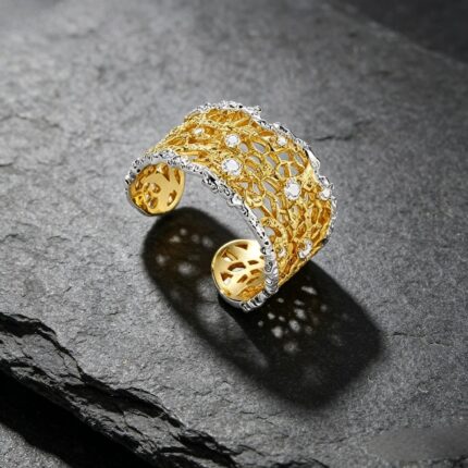 Two-Tone Lace CZ Open Wide Band Ring | TikTok Viral Textured Statement Ring