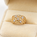 Vintage Hammered Gold CZ Stone Wide Band Ring | TikTok Viral Textured Statement Ring - Image 2